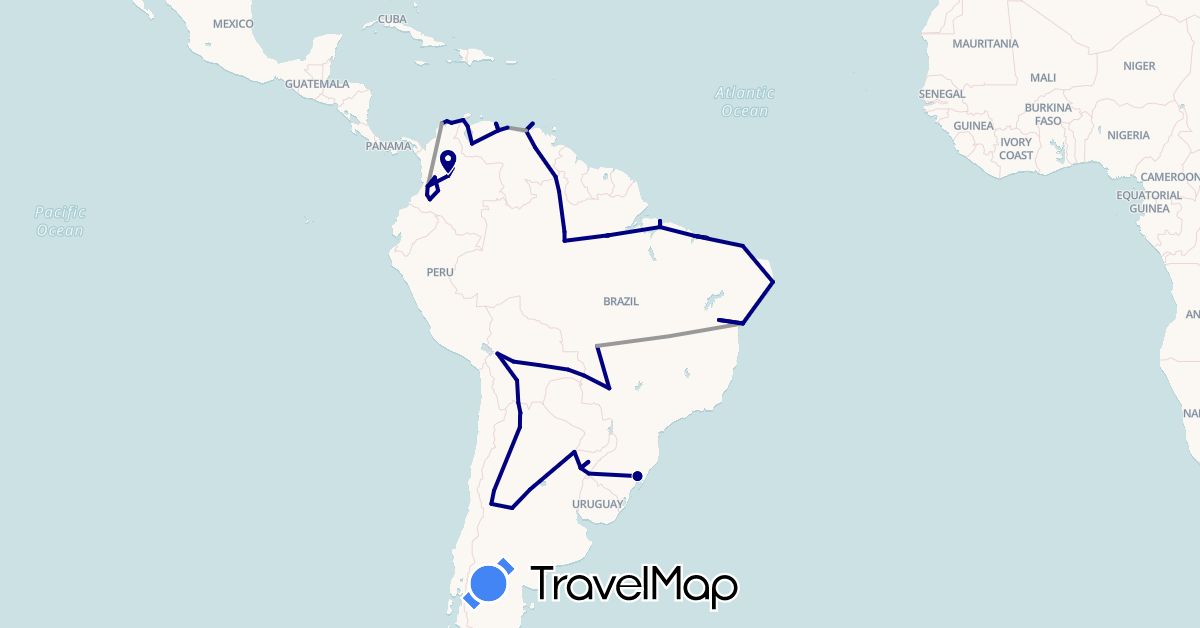 TravelMap itinerary: driving, plane in Argentina, Bolivia, Brazil, Colombia, Venezuela (South America)